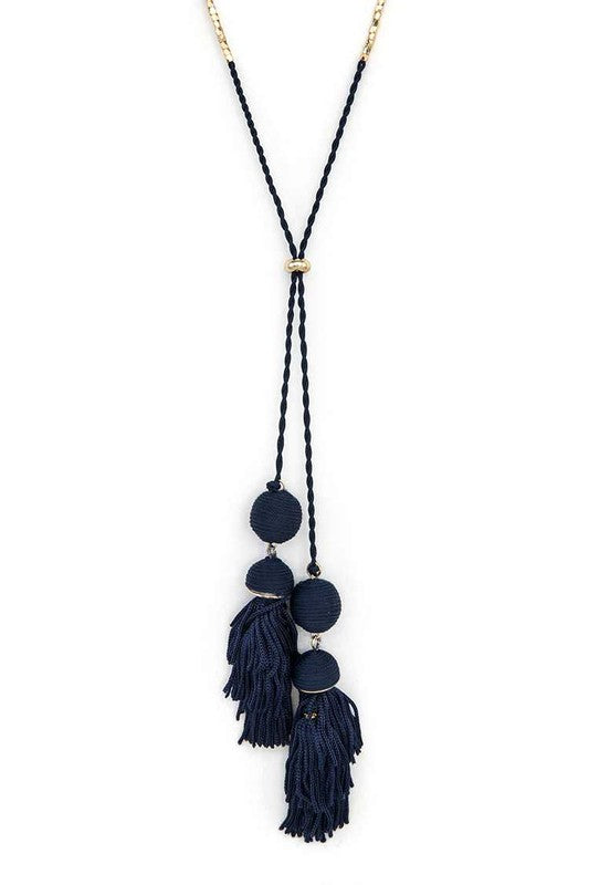 Long Tassel Necklace Boho Chic in navy blue with gold accents from Babe Beachwear