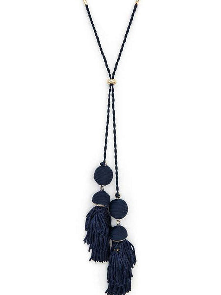 Long Tassel Necklace Boho Chic in navy blue with gold accents from Babe Beachwear