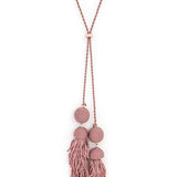 Babe Beachwear Long Tassel Necklace Boho Chic in dusty pink with braided cord and fabric tassels