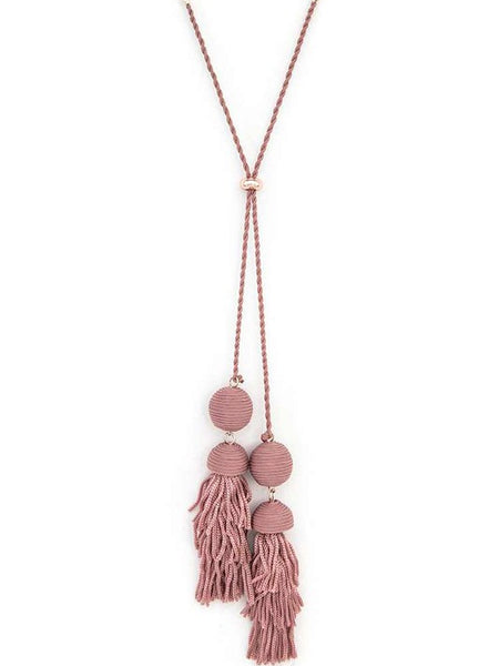 Babe Beachwear Long Tassel Necklace Boho Chic in dusty pink with braided cord and fabric tassels
