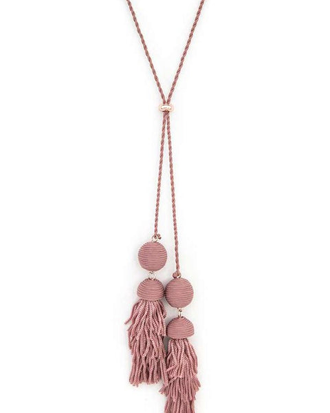 Babe Beachwear Long Tassel Necklace Boho Chic in dusty pink with braided cord and fabric tassels