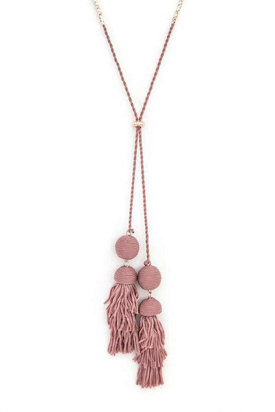 Babe Beachwear Long Tassel Necklace Boho Chic in dusty pink with braided cord and fabric tassels