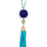 Long Tassle Boho Chic Necklace with blue and turquoise beads and gold accents by Babe Beachwear
