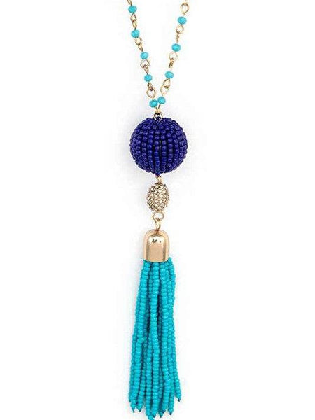 Long Tassle Boho Chic Necklace with blue and turquoise beads and gold accents by Babe Beachwear