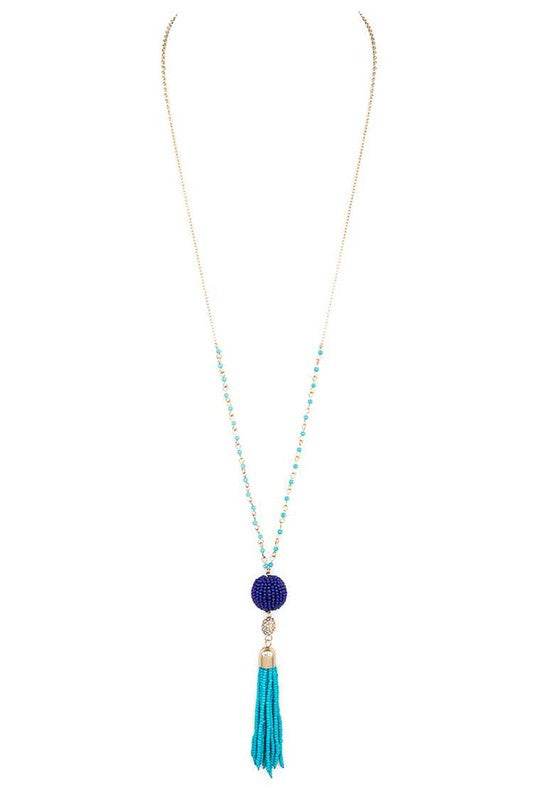 Babe Beachwear Long Tassle Boho Chic Necklace with blue bead and turquoise tassel pendant