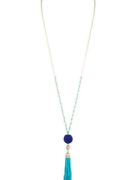 Babe Beachwear Long Tassle Boho Chic Necklace with blue bead and turquoise tassel pendant