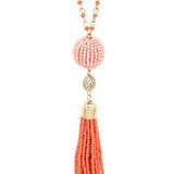 Babe Beachwear Long Tassle Boho Chic Necklace with pink beads and coral tassel pendant