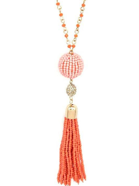 Babe Beachwear Long Tassle Boho Chic Necklace with pink beads and coral tassel pendant