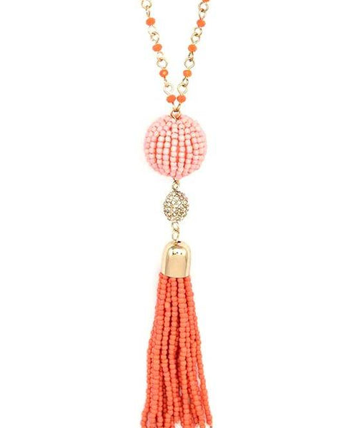 Babe Beachwear Long Tassle Boho Chic Necklace with pink beads and coral tassel pendant