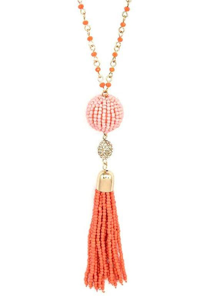 Babe Beachwear Long Tassle Boho Chic Necklace with pink beads and coral tassel pendant