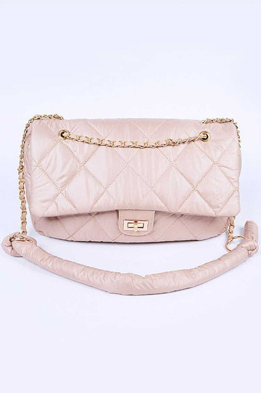 Babe Beachwaer Look a Like Lambskin Flap Bag in light pink with gold chain strap and quilted design