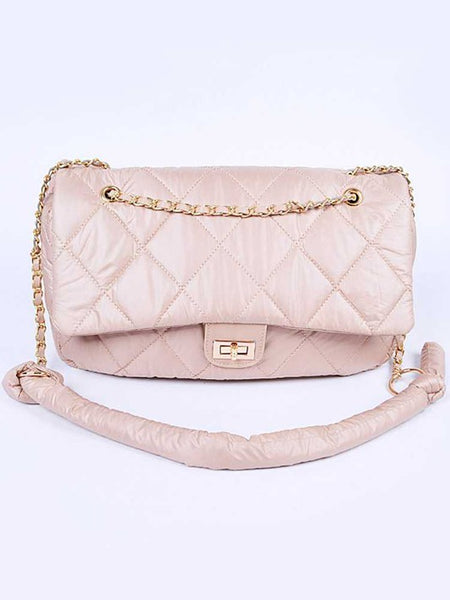 Babe Beachwaer Look a Like Lambskin Flap Bag in light pink with gold chain strap and quilted design