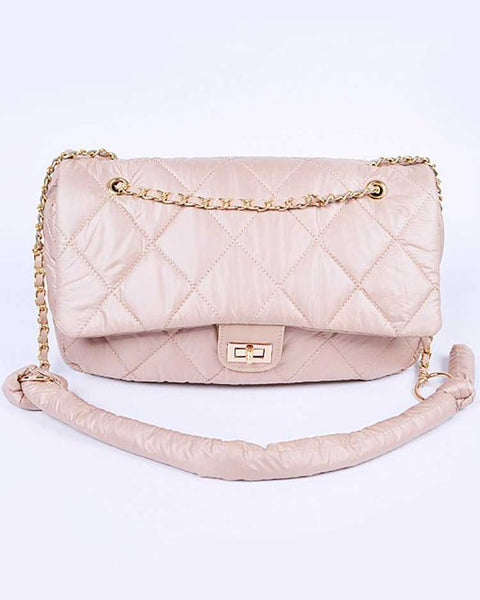 Babe Beachwaer Look a Like Lambskin Flap Bag in light pink with gold chain strap and quilted design
