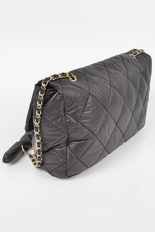 Babe Beachwaer Look a Like Lambskin Flap Bag in black quilted design with gold chain strap