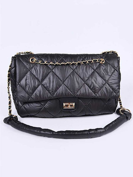 Babe Beachwear Look a Like Lambskin Flap Bag in black quilted design with gold chain strap