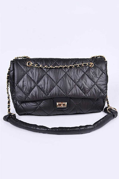 Babe Beachwear Look a Like Lambskin Flap Bag in black quilted design with gold chain strap
