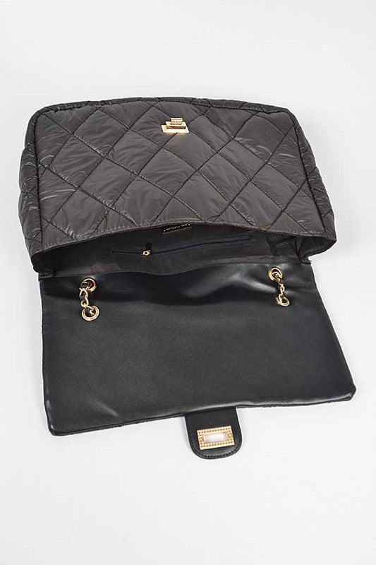 Babe Beachwear black Look a Like Lambskin Flap Bag with quilted design and gold chain detailing