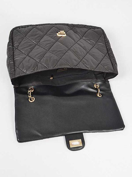 Babe Beachwear black Look a Like Lambskin Flap Bag with quilted design and gold chain detailing