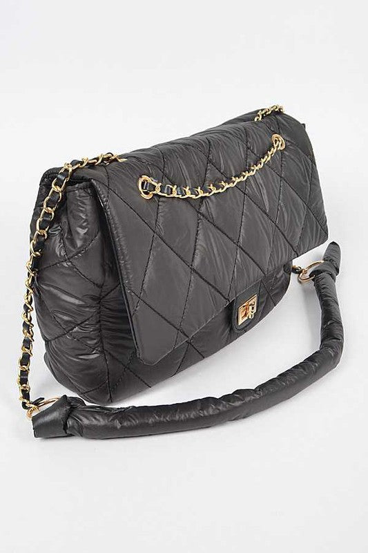 Babe Beachwaer black quilted Look a Like Lambskin Flap Bag with gold chain strap and turn-lock closure