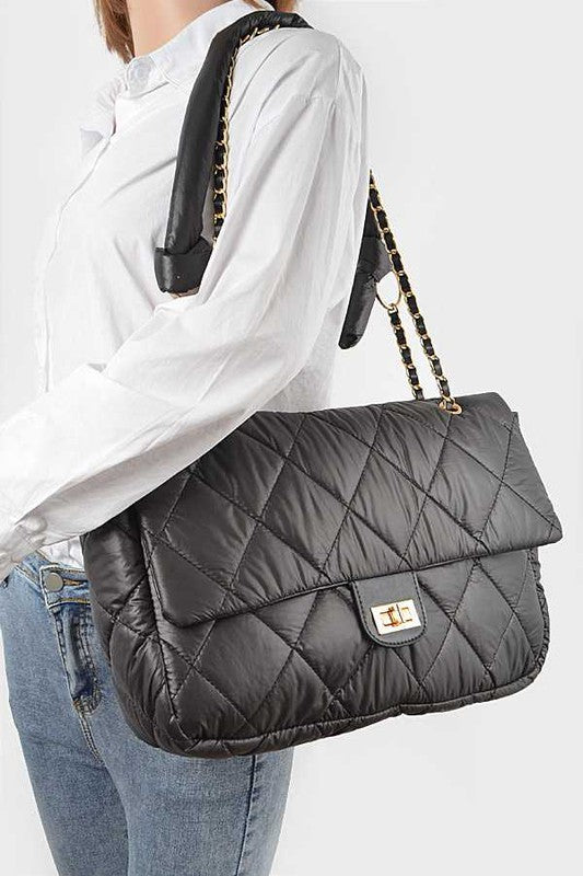 Babe Beachwear Look a Like Lambskin Flap Bag in black quilted design with chain strap