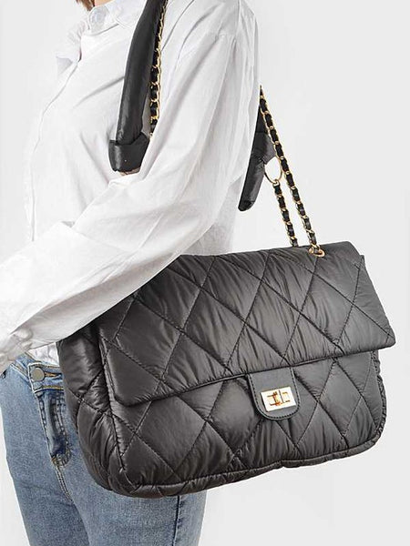Babe Beachwear Look a Like Lambskin Flap Bag in black quilted design with chain strap