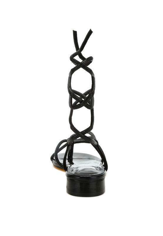 Rag Company black strappy sandals with wrap-around ankle ties and low block heel design