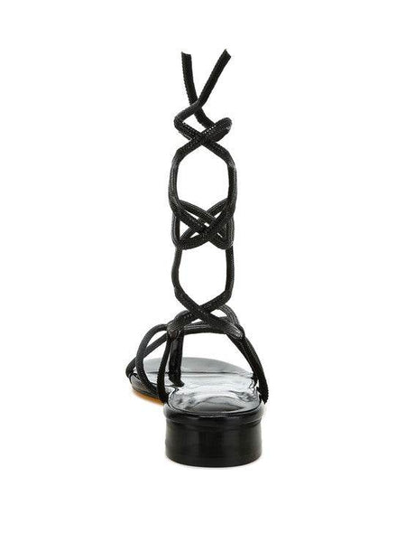 Rag Company black strappy sandals with wrap-around ankle ties and low block heel design