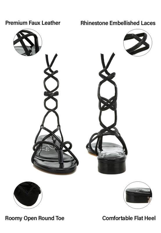 Rag Company black strappy sandals with rhinestone embellished laces and comfortable flat heel