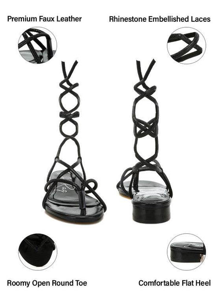 Rag Company black strappy sandals with rhinestone embellished laces and comfortable flat heel