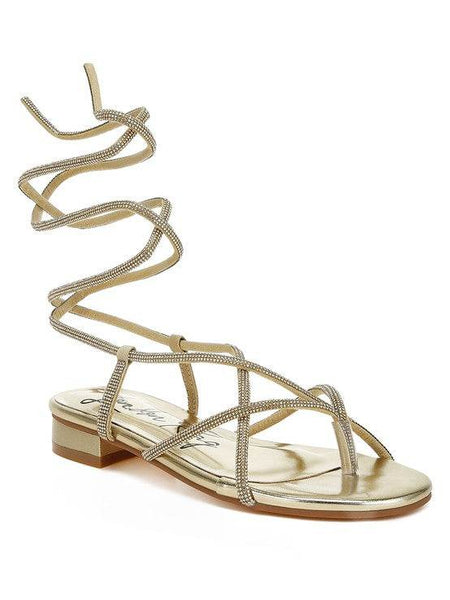 Rag Company gold strappy sandals with ankle wrap and low block heel for stylish comfort