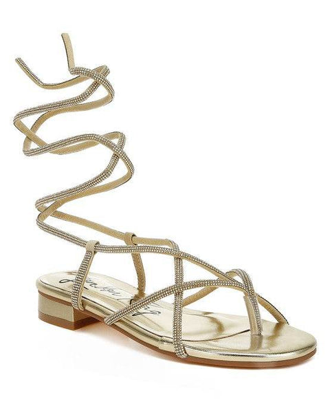 Rag Company gold strappy sandals with ankle wrap and low block heel for stylish comfort