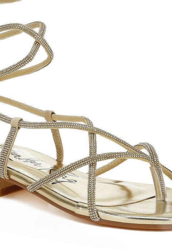 Rag Company gold strappy sandals with thin beaded straps and flat sole for stylish comfort