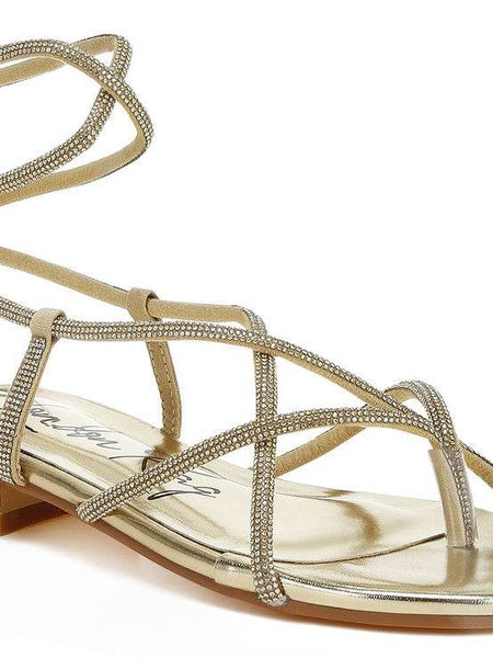 Rag Company gold strappy sandals with thin beaded straps and flat sole for stylish comfort