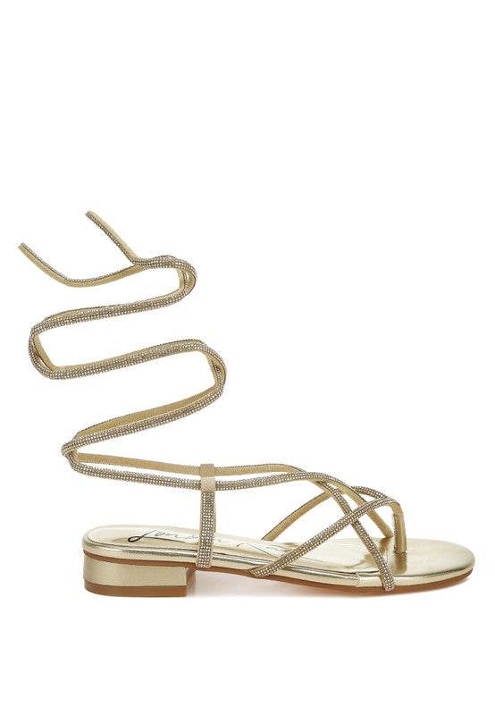 Rag Company gold strappy sandals with low block heel and wrap-around ankle straps