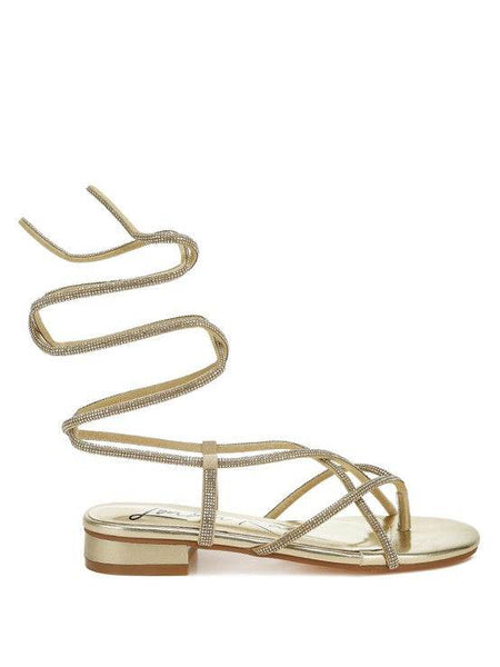 Rag Company gold strappy sandals with low block heel and wrap-around ankle straps