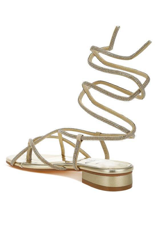 Rag Company gold strappy sandals with wraparound ankle straps and low block heel