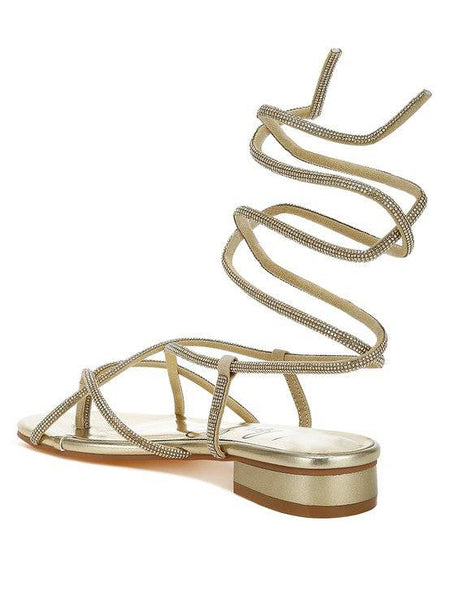 Rag Company gold strappy sandals with wraparound ankle straps and low block heel