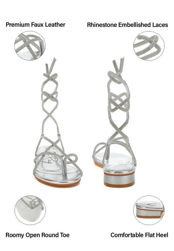 Rag Company gold strappy sandals with rhinestone embellished laces flat heel and roomy open round toe
