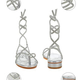 Rag Company gold strappy sandals with rhinestone embellished laces flat heel and roomy open round toe