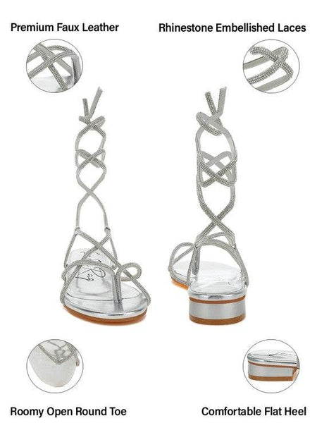 Rag Company gold strappy sandals with rhinestone embellished laces flat heel and roomy open round toe
