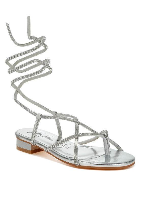 Rag Company silver strappy sandal with wraparound ankle ties featuring gold strappy sandals design