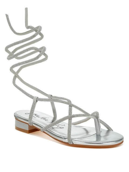 Rag Company silver strappy sandal with wraparound ankle ties featuring gold strappy sandals design