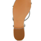 Bottom view of Rag Company gold strappy sandals with a smooth tan sole and low heel
