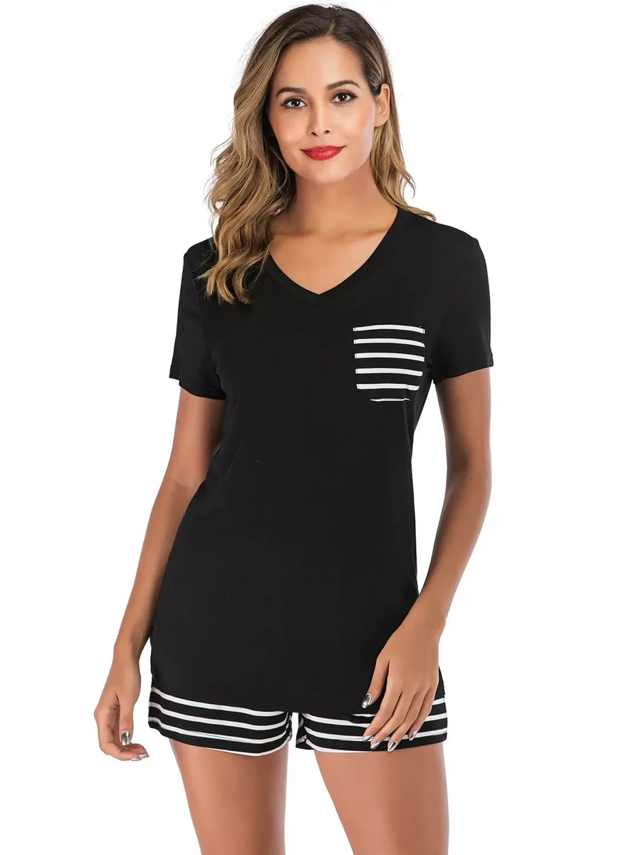 Babe Beachwear black lounge shirt and short set with striped pocket and matching striped shorts