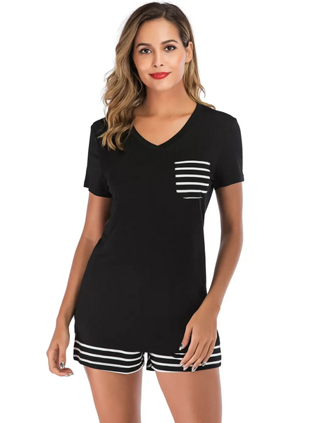 Babe Beachwear black lounge shirt and short set with striped pocket and matching striped shorts