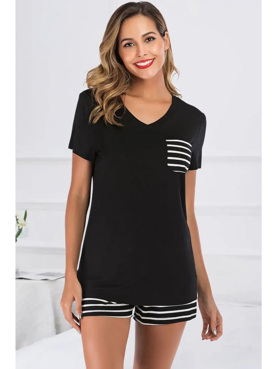 Babe Beachwear black lounge shirt and short set with striped pocket and shorts on smiling woman