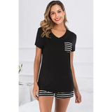 Babe Beachwear black lounge shirt and short set with striped pocket and shorts on smiling woman