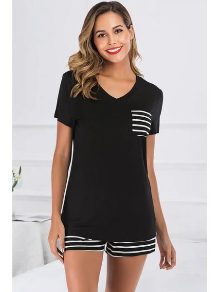 Babe Beachwear black lounge shirt and short set with striped pocket and shorts on smiling woman