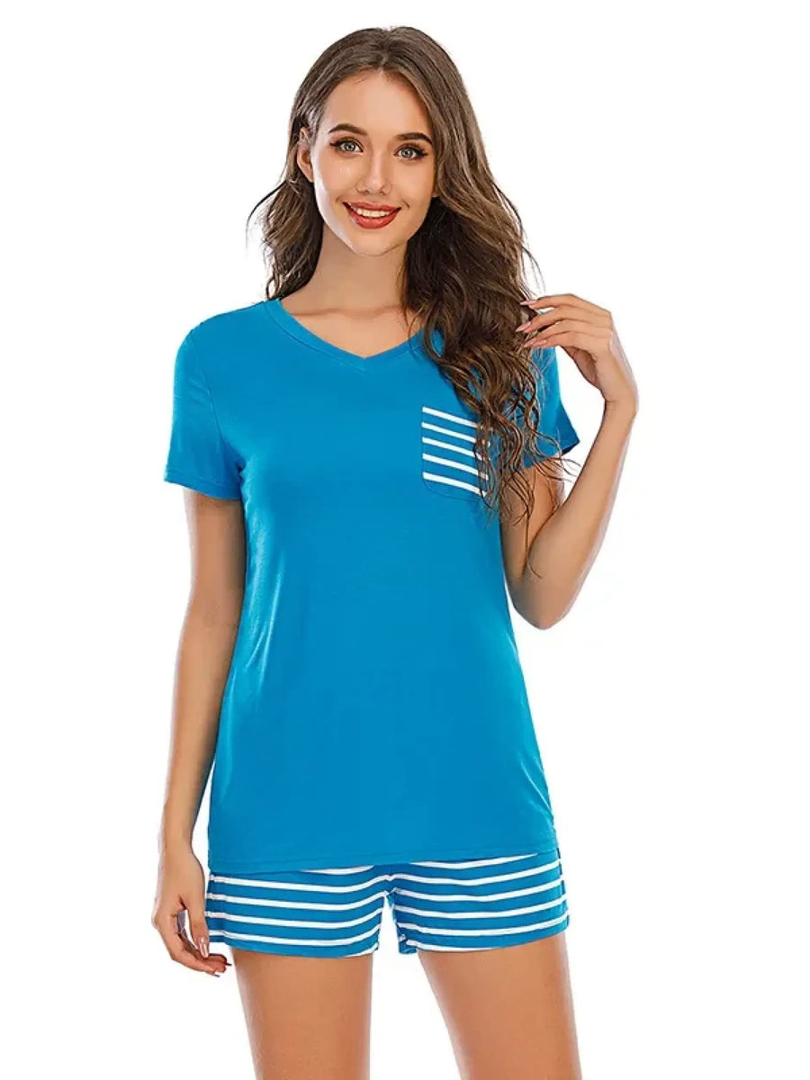 Babe Beachwear blue lounge shirt and short set with striped pocket and matching striped shorts