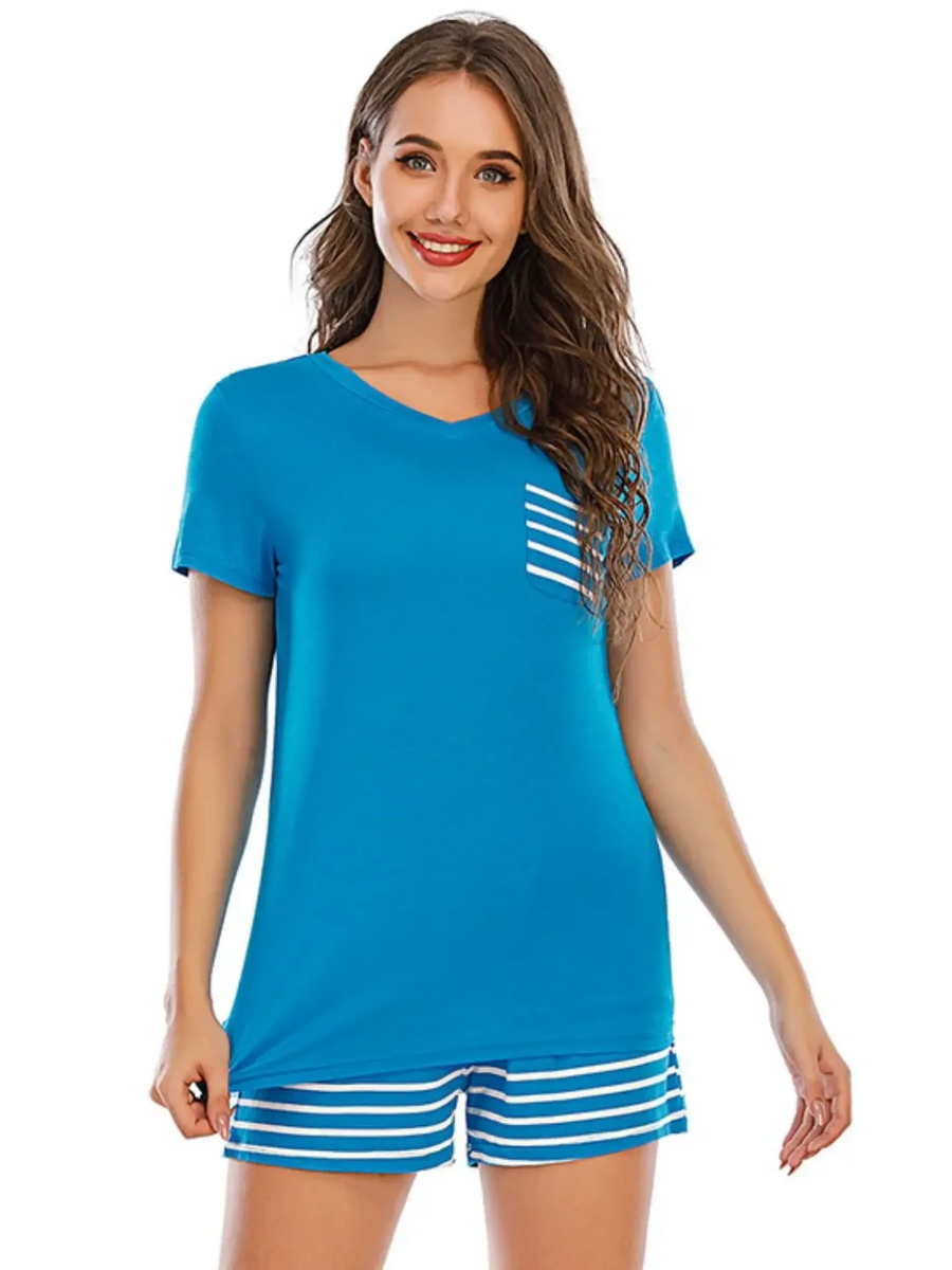 Babe Beachwear blue lounge shirt and short set with striped pocket and shorts